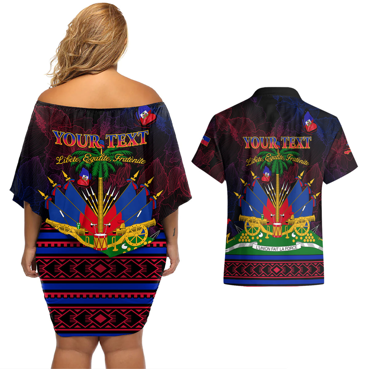 Haitian Flag Day Couples Matching Off Shoulder Short Dress and Hawaiian Shirt La fete du drapeau Haitien - Wonder Print Shop