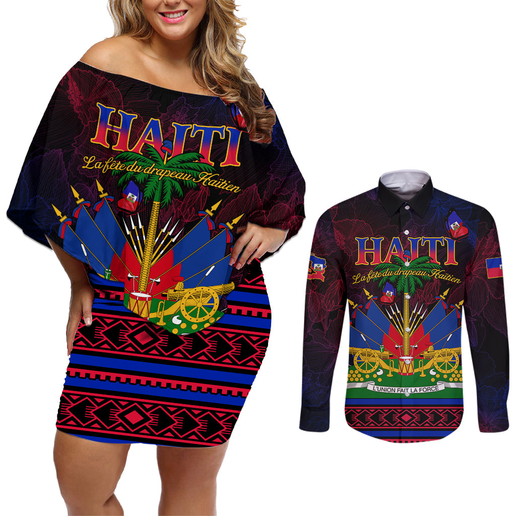 Haitian Flag Day Couples Matching Off Shoulder Short Dress and Long Sleeve Button Shirt La fete du drapeau Haitien