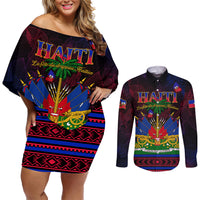 Haitian Flag Day Couples Matching Off Shoulder Short Dress and Long Sleeve Button Shirt La fete du drapeau Haitien - Wonder Print Shop