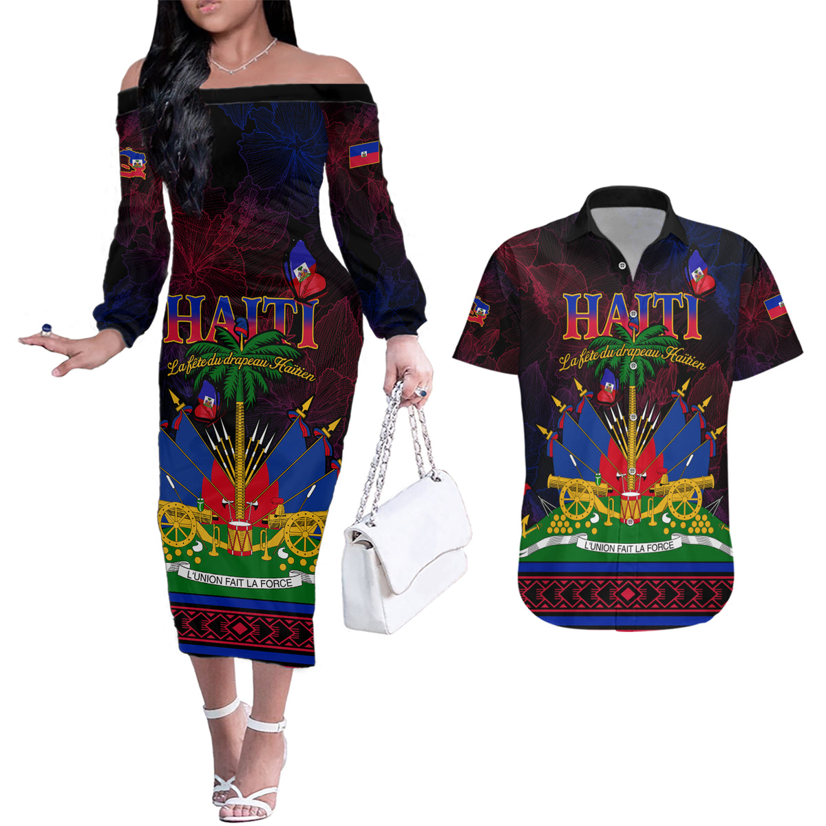 Haitian Flag Day Couples Matching Off The Shoulder Long Sleeve Dress and Hawaiian Shirt La fete du drapeau Haitien - Wonder Print Shop