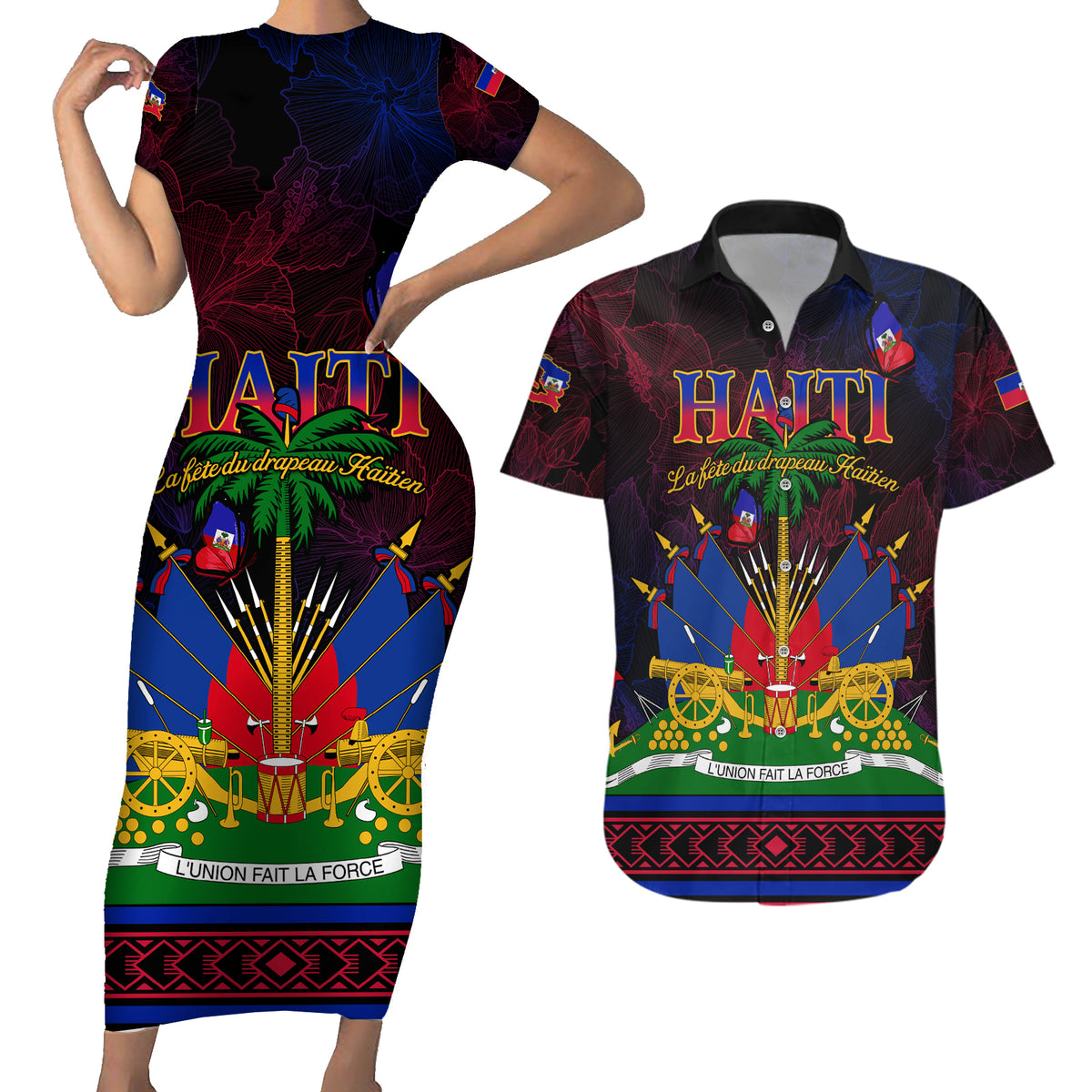 Haitian Flag Day Couples Matching Short Sleeve Bodycon Dress and Hawaiian Shirt La fete du drapeau Haitien - Wonder Print Shop