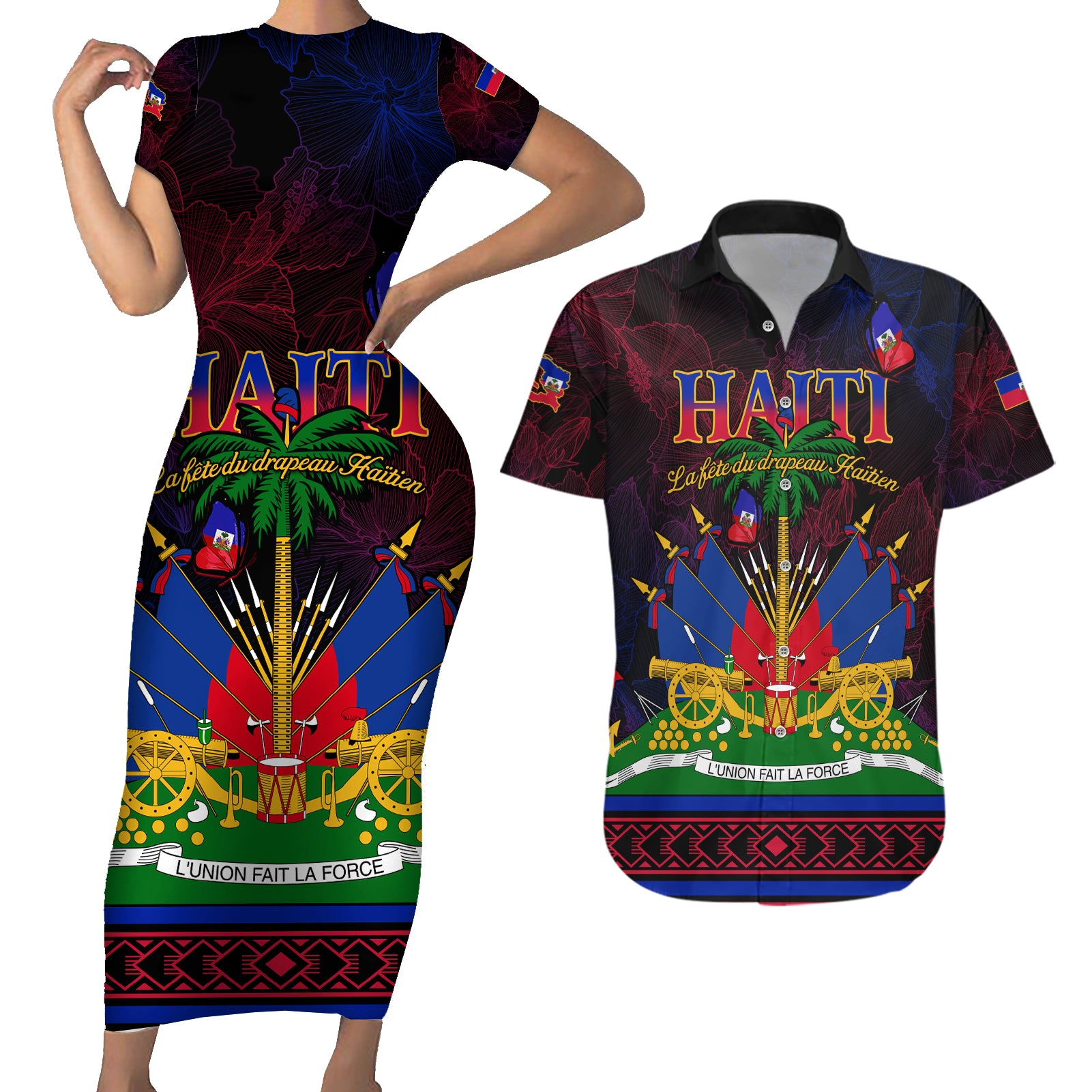 Haitian Flag Day Couples Matching Short Sleeve Bodycon Dress and Hawaiian Shirt La fete du drapeau Haitien