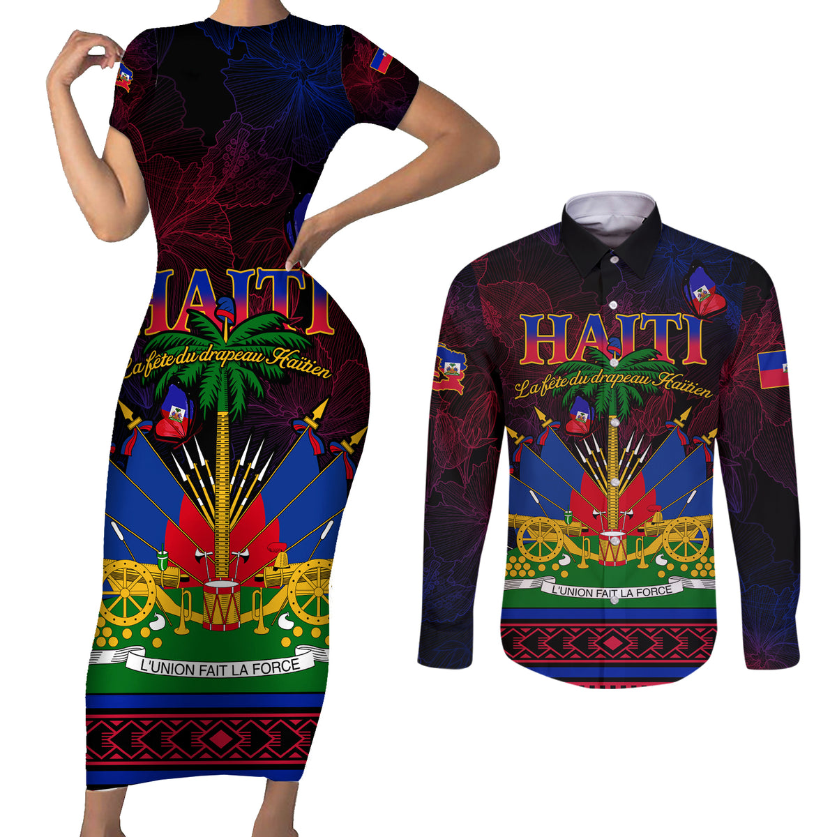 Haitian Flag Day Couples Matching Short Sleeve Bodycon Dress and Long Sleeve Button Shirt La fete du drapeau Haitien - Wonder Print Shop