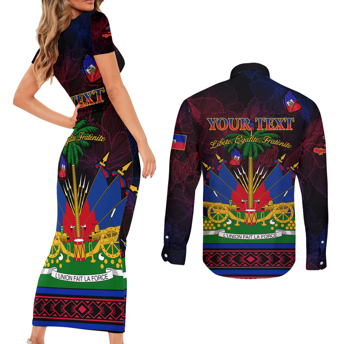 Haitian Flag Day Couples Matching Short Sleeve Bodycon Dress and Long Sleeve Button Shirt La fete du drapeau Haitien - Wonder Print Shop