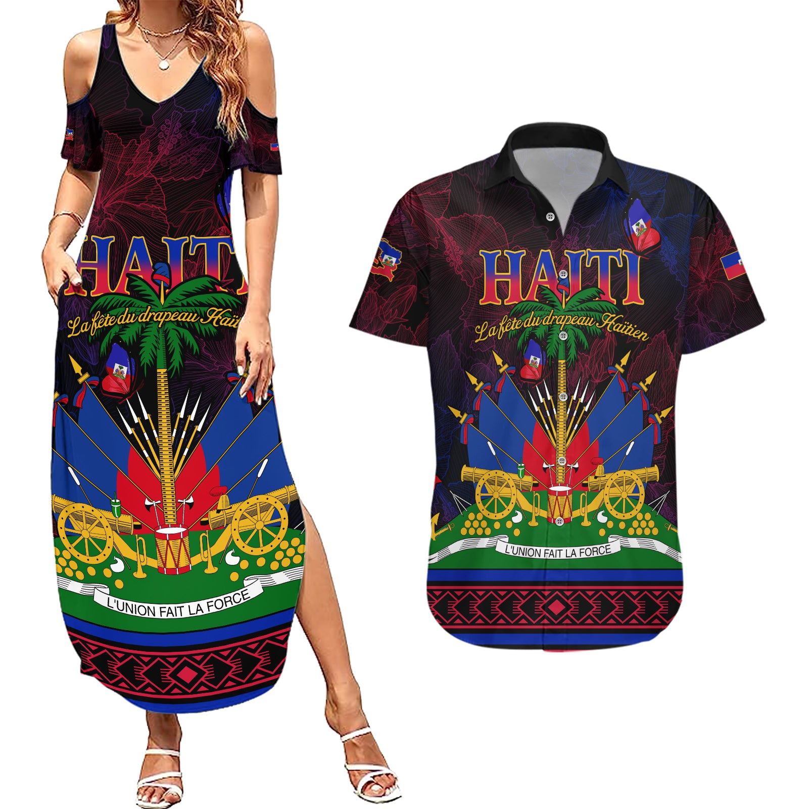 Haitian Flag Day Couples Matching Summer Maxi Dress and Hawaiian Shirt La fete du drapeau Haitien