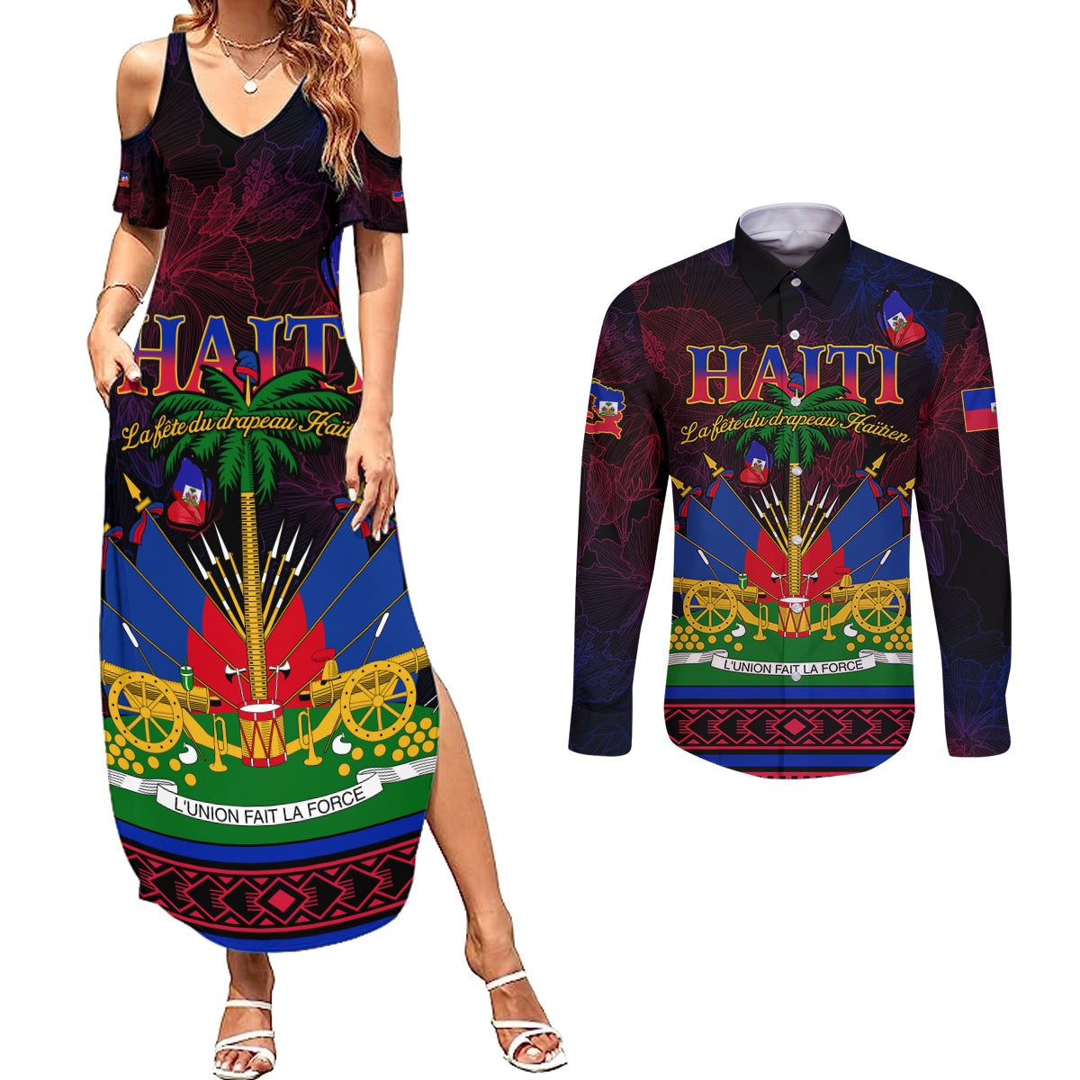 Haitian Flag Day Couples Matching Summer Maxi Dress and Long Sleeve Button Shirt La fete du drapeau Haitien - Wonder Print Shop