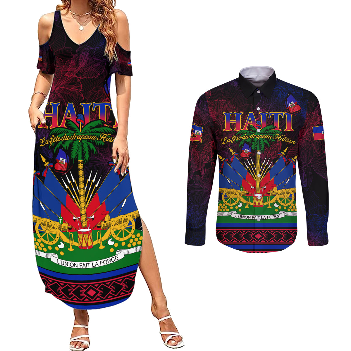 Haitian Flag Day Couples Matching Summer Maxi Dress and Long Sleeve Button Shirt La fete du drapeau Haitien