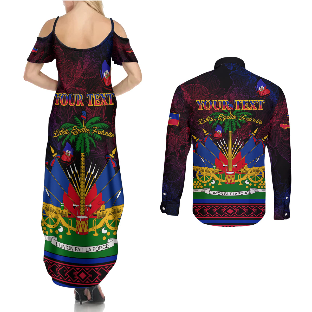 Haitian Flag Day Couples Matching Summer Maxi Dress and Long Sleeve Button Shirt La fete du drapeau Haitien - Wonder Print Shop