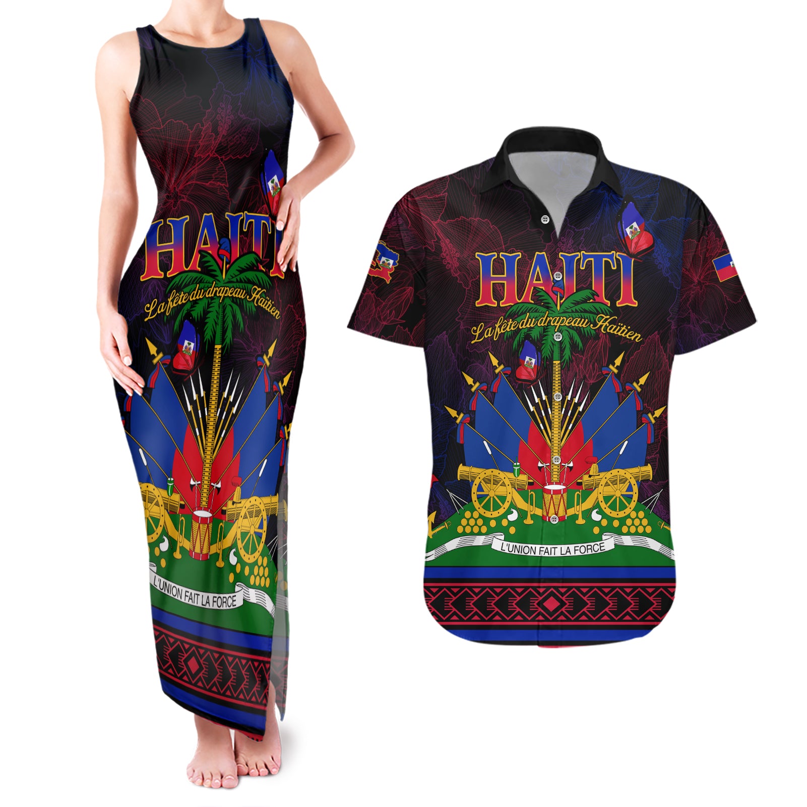 Haitian Flag Day Couples Matching Tank Maxi Dress and Hawaiian Shirt La fete du drapeau Haitien