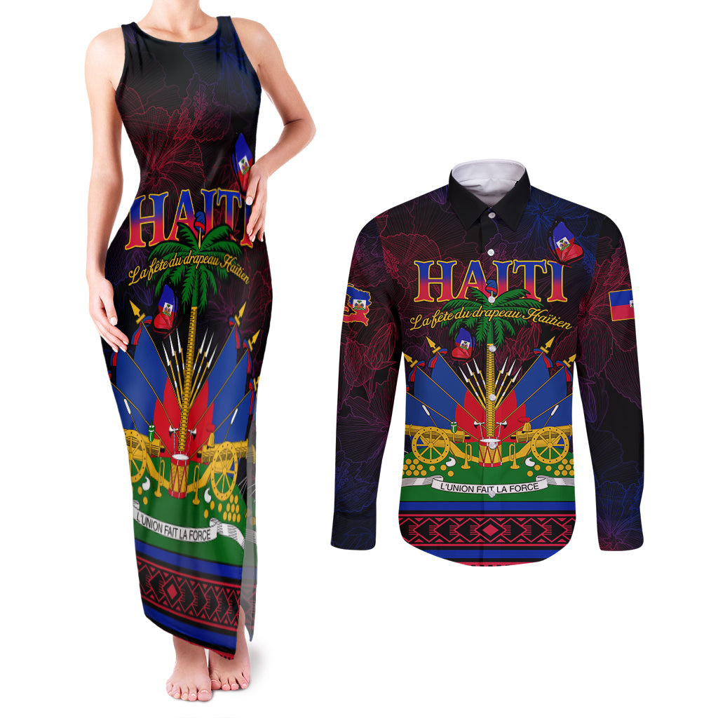 Haitian Flag Day Couples Matching Tank Maxi Dress and Long Sleeve Button Shirt La fete du drapeau Haitien - Wonder Print Shop
