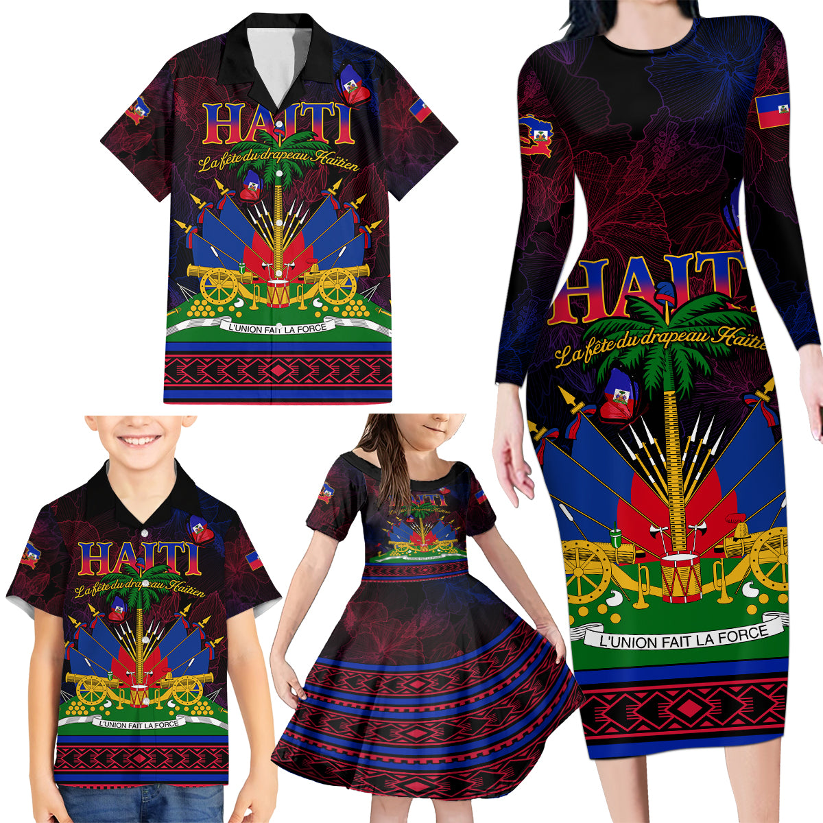 Haitian Flag Day Family Matching Long Sleeve Bodycon Dress and Hawaiian Shirt La fete du drapeau Haitien