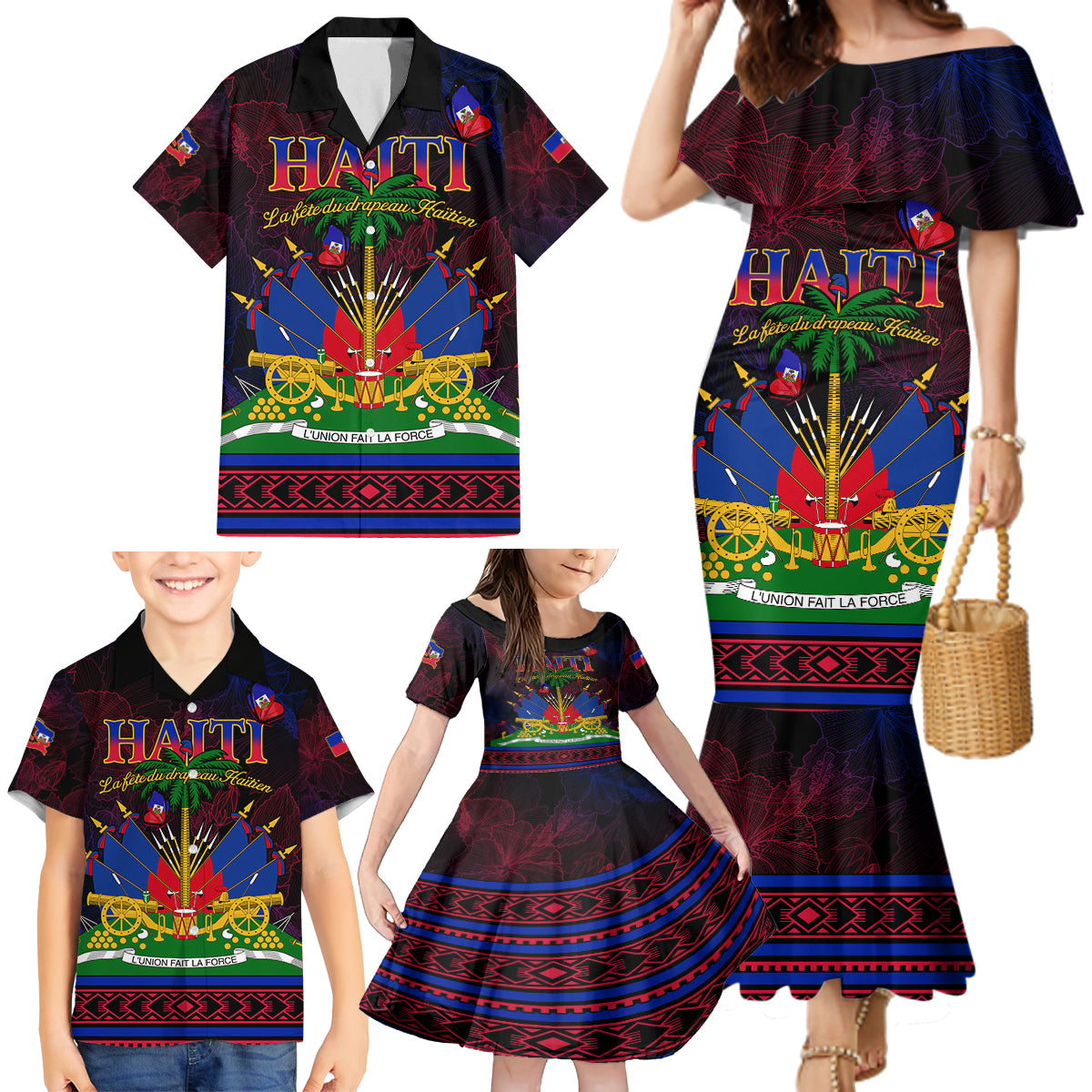 Haitian Flag Day Family Matching Mermaid Dress and Hawaiian Shirt La fete du drapeau Haitien