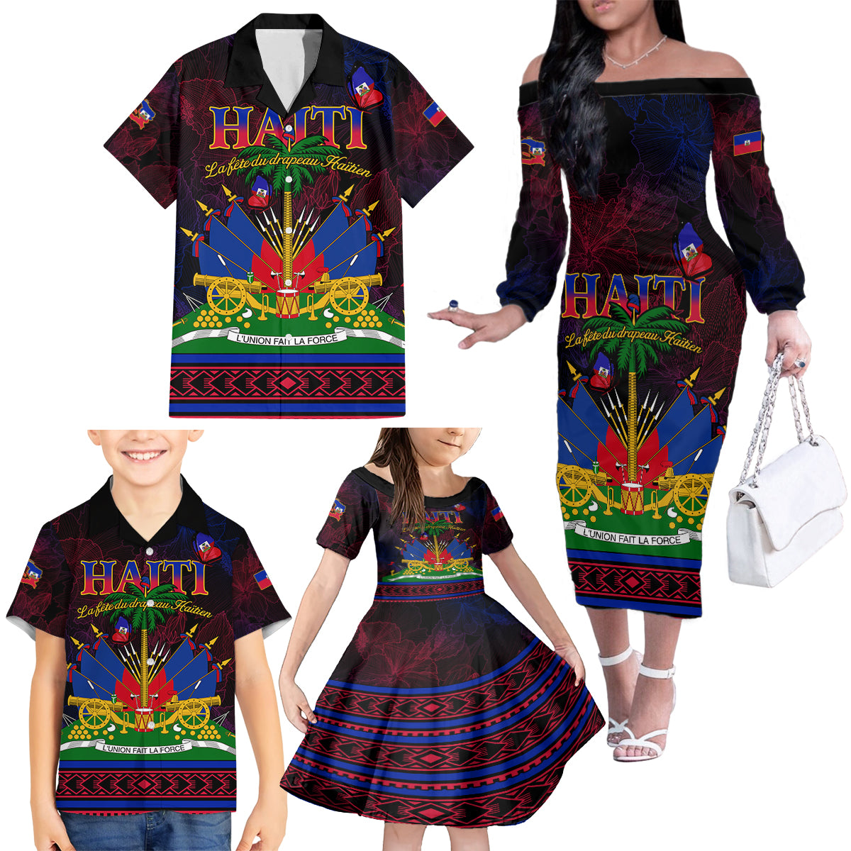 Haitian Flag Day Family Matching Off Shoulder Long Sleeve Dress and Hawaiian Shirt La fete du drapeau Haitien