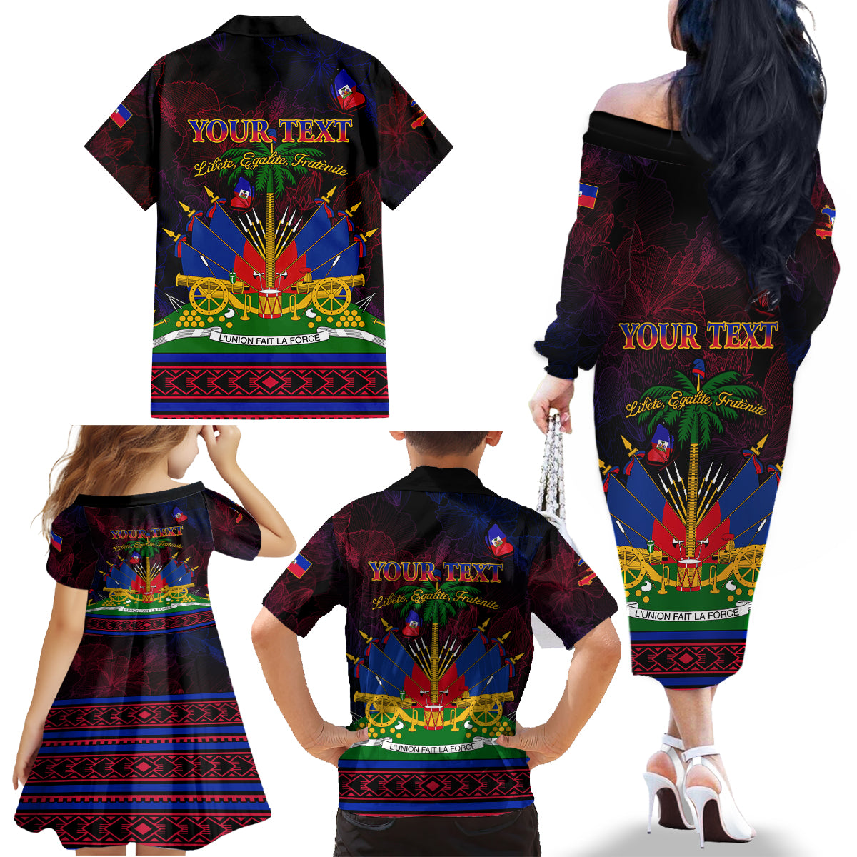 Haitian Flag Day Family Matching Off Shoulder Long Sleeve Dress and Hawaiian Shirt La fete du drapeau Haitien - Wonder Print Shop