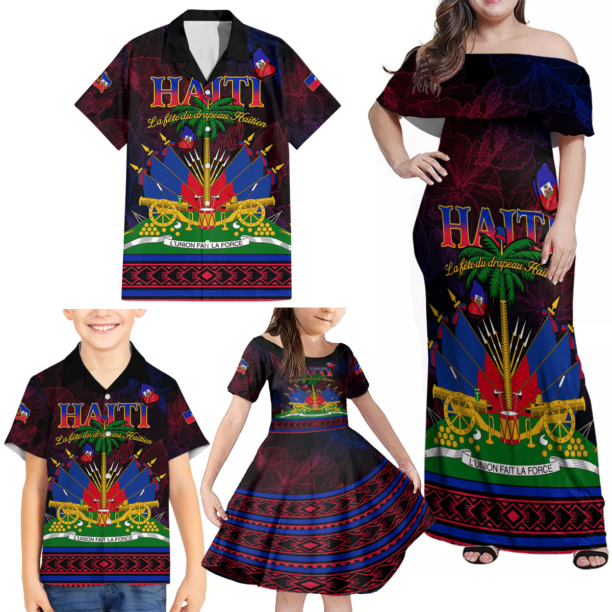 Haitian Flag Day Family Matching Off Shoulder Maxi Dress and Hawaiian Shirt La fete du drapeau Haitien