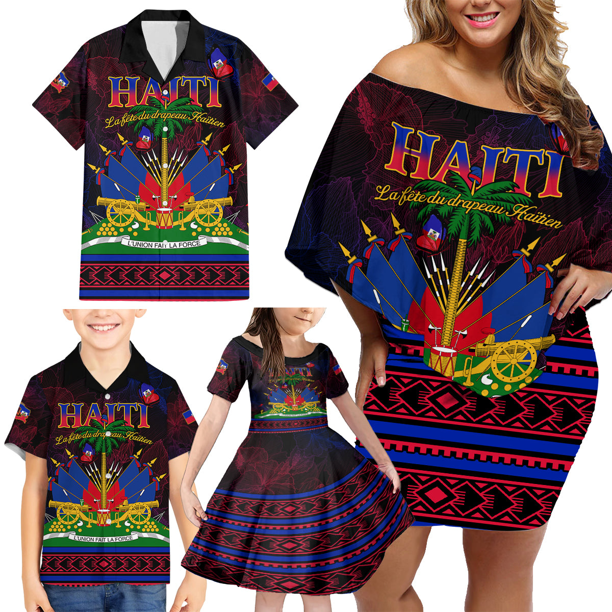 Haitian Flag Day Family Matching Off Shoulder Short Dress and Hawaiian Shirt La fete du drapeau Haitien