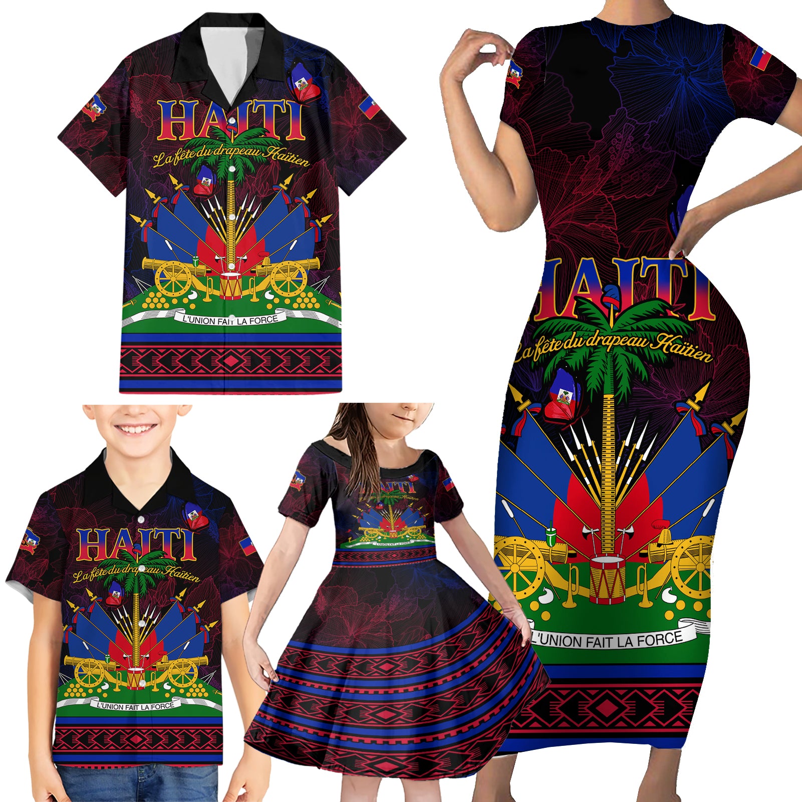 Haitian Flag Day Family Matching Short Sleeve Bodycon Dress and Hawaiian Shirt La fete du drapeau Haitien