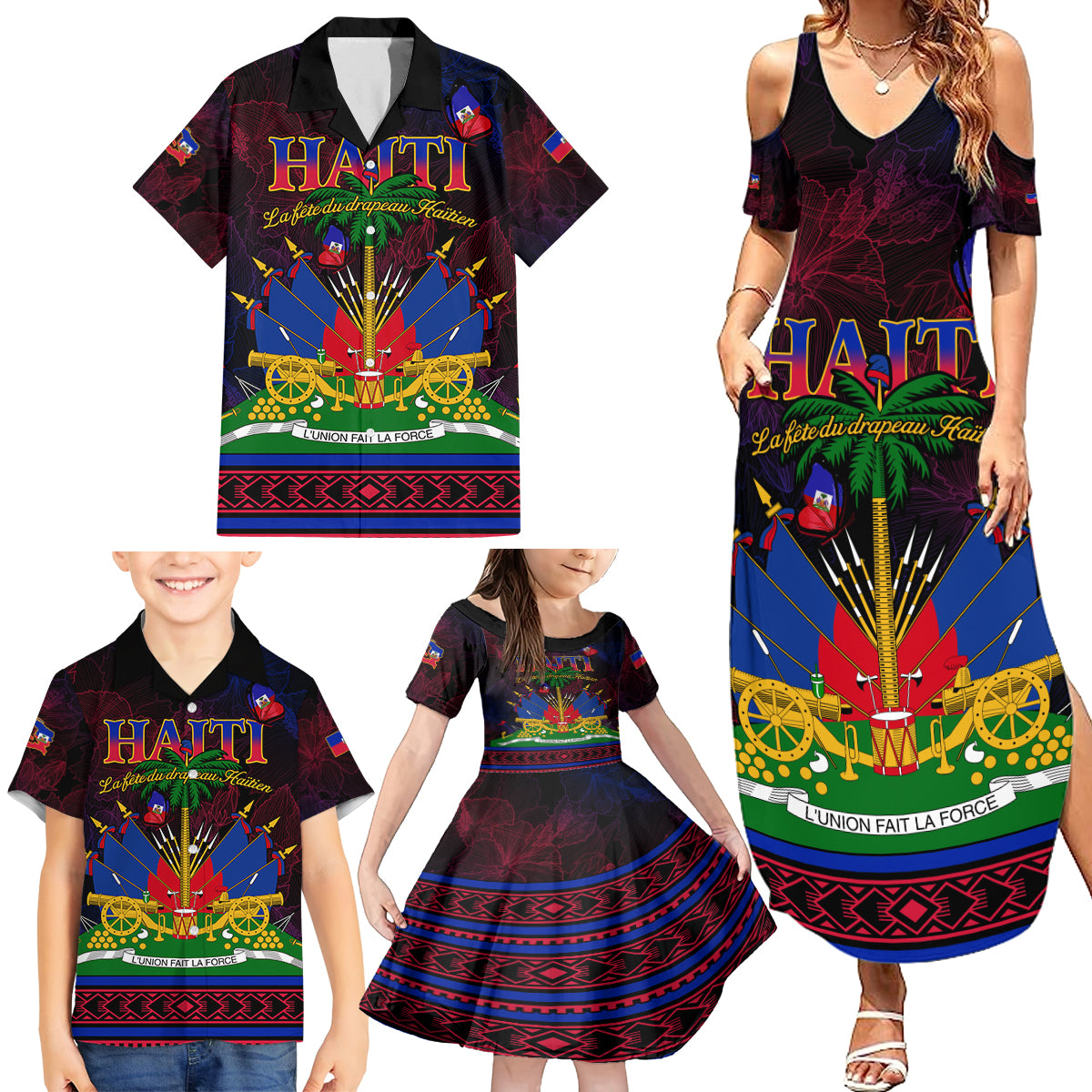 Haitian Flag Day Family Matching Summer Maxi Dress and Hawaiian Shirt La fete du drapeau Haitien