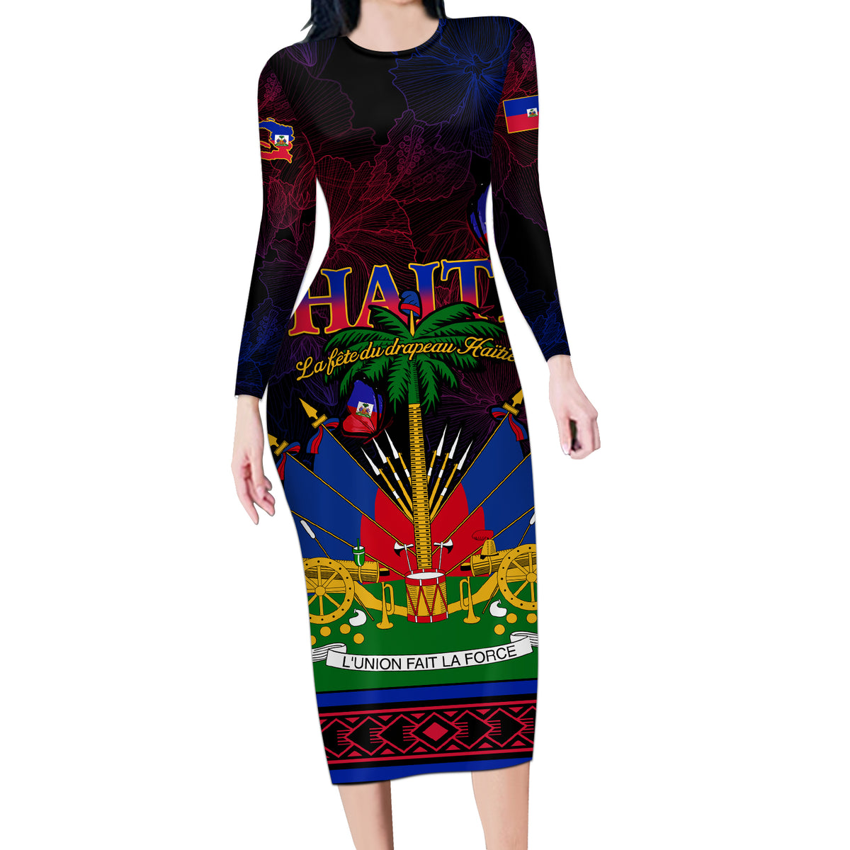 Haitian Flag Day Long Sleeve Bodycon Dress La fete du drapeau Haitien - Wonder Print Shop
