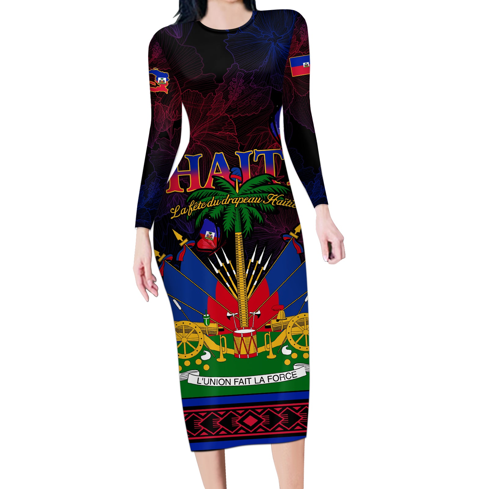 Haitian Flag Day Long Sleeve Bodycon Dress La fete du drapeau Haitien - Wonder Print Shop