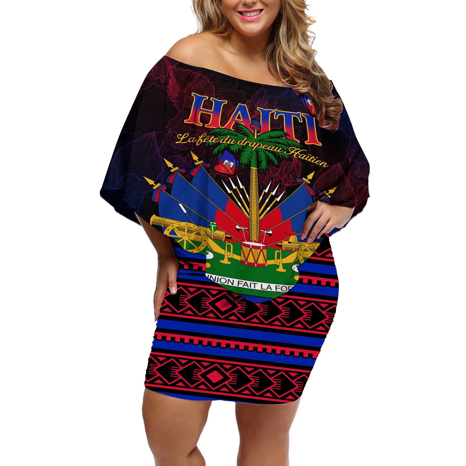 Haitian Flag Day Off Shoulder Short Dress La fete du drapeau Haitien