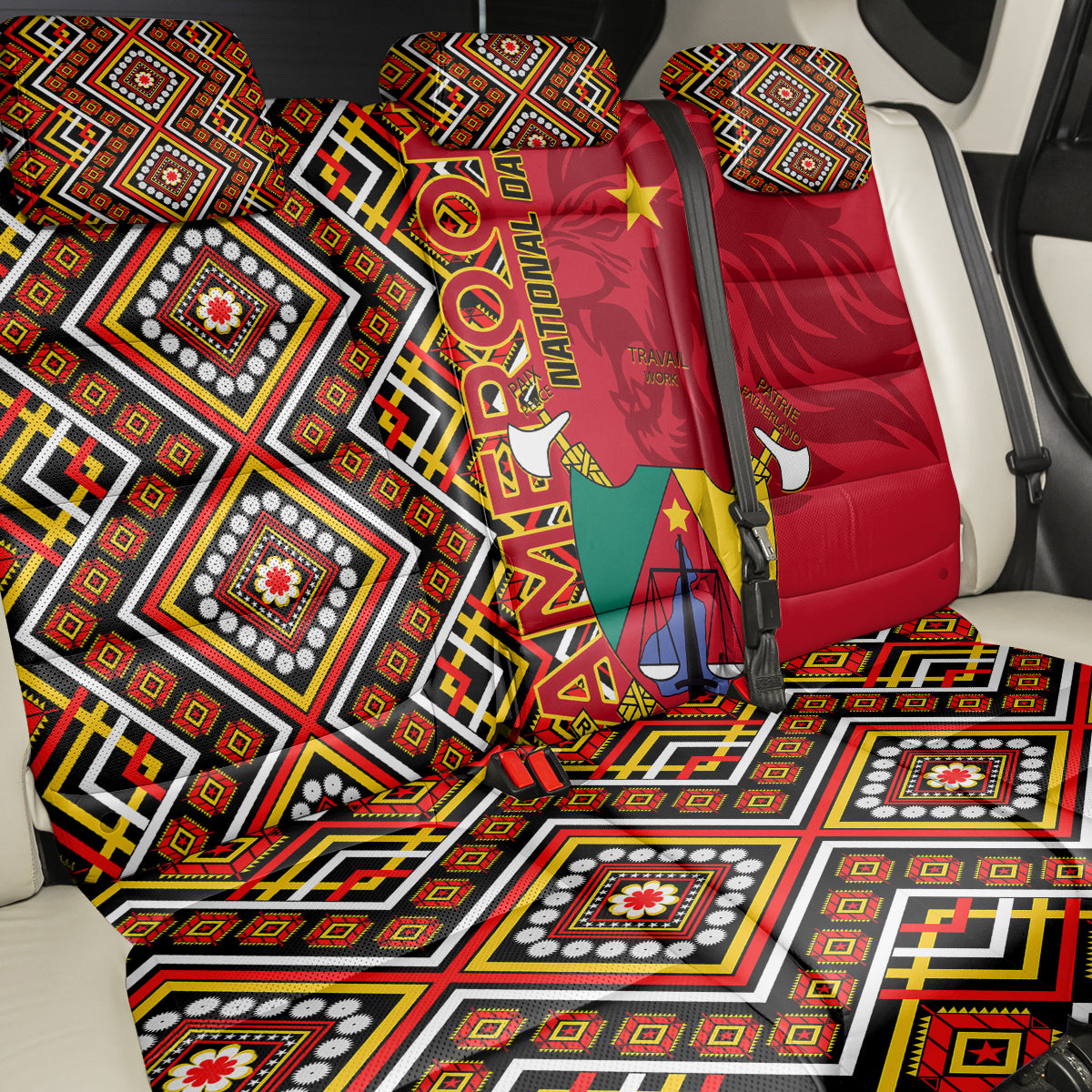Cameroon National Day Back Car Seat Cover Cameroun Coat Of Arms Ankara Pattern - Wonder Print Shop