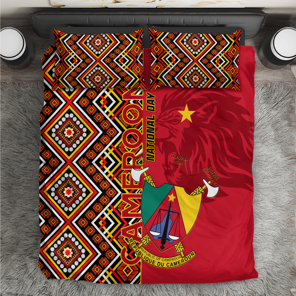 Cameroon National Day Bedding Set Cameroun Coat Of Arms Ankara Pattern