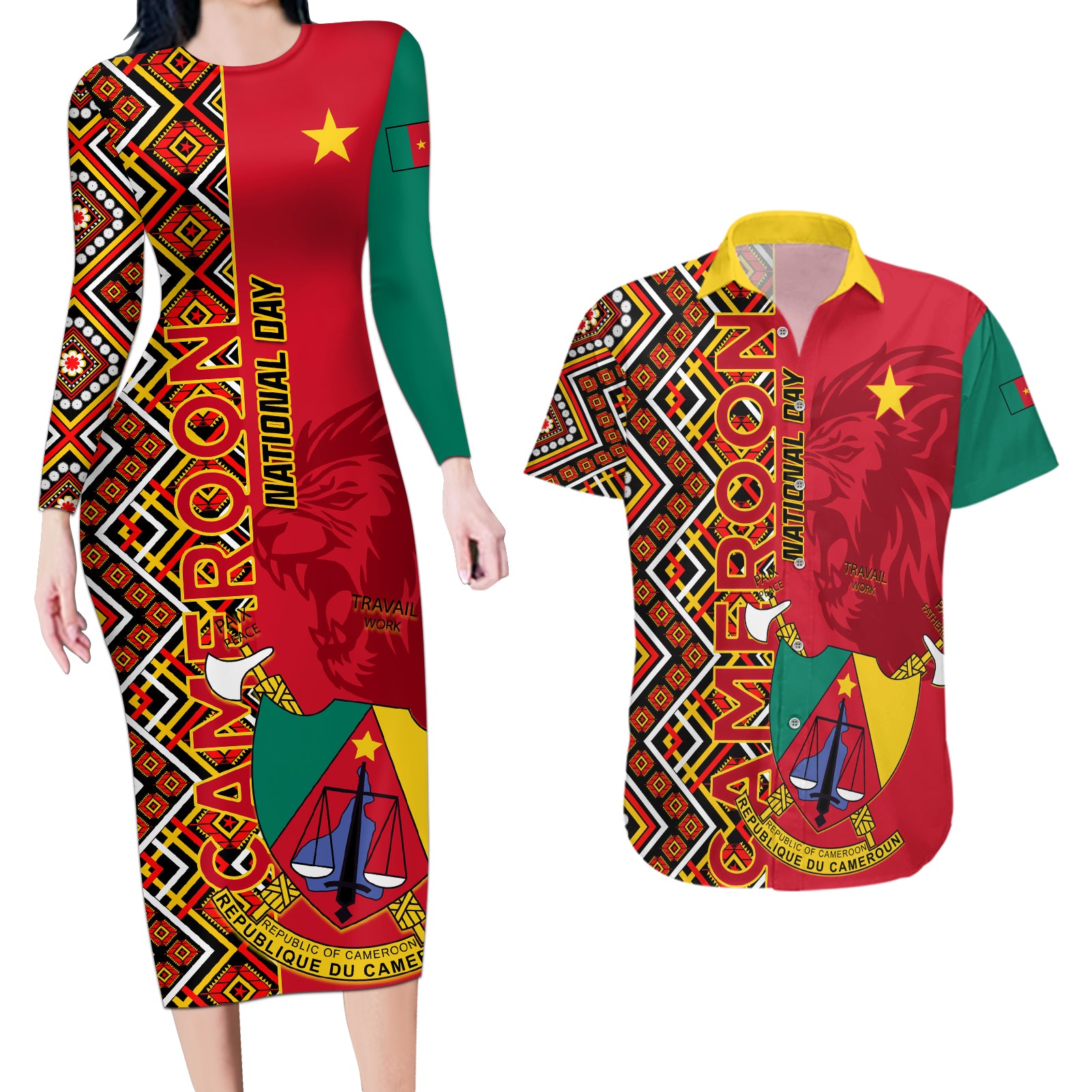 Cameroon National Day Couples Matching Long Sleeve Bodycon Dress and Hawaiian Shirt Cameroun Coat Of Arms Ankara Pattern - Wonder Print Shop
