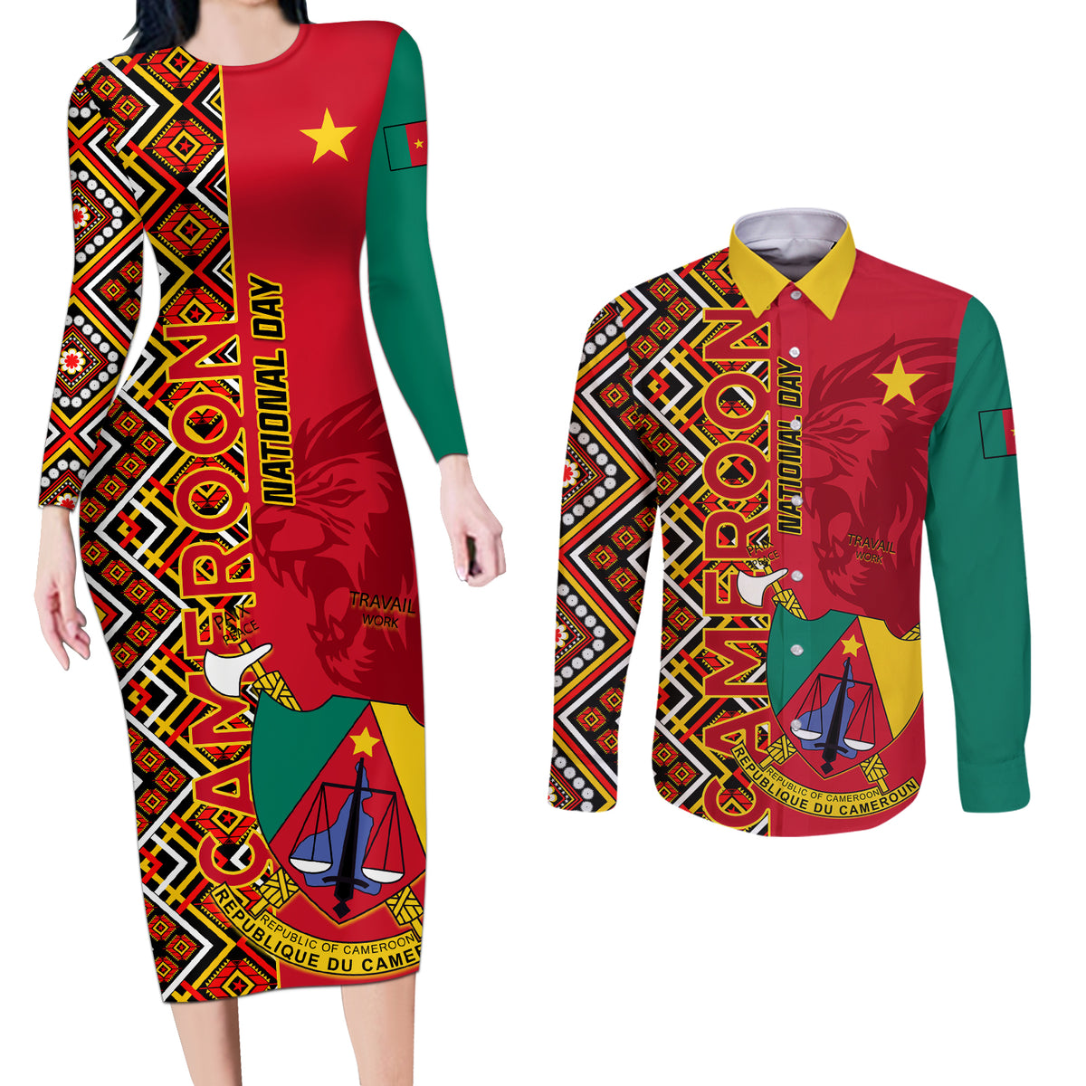 Cameroon National Day Couples Matching Long Sleeve Bodycon Dress and Long Sleeve Button Shirt Cameroun Coat Of Arms Ankara Pattern - Wonder Print Shop