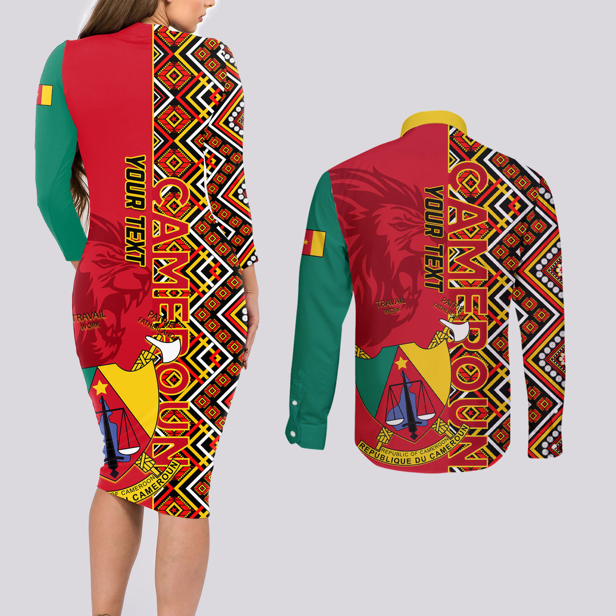 Cameroon National Day Couples Matching Long Sleeve Bodycon Dress and Long Sleeve Button Shirt Cameroun Coat Of Arms Ankara Pattern - Wonder Print Shop