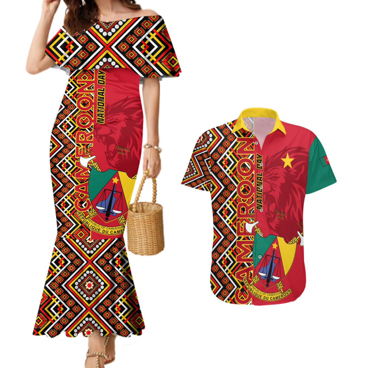 Cameroon National Day Couples Matching Mermaid Dress and Hawaiian Shirt Cameroun Coat Of Arms Ankara Pattern - Wonder Print Shop
