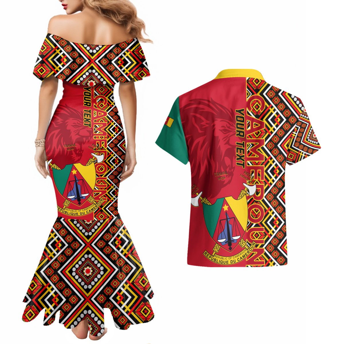 Cameroon National Day Couples Matching Mermaid Dress and Hawaiian Shirt Cameroun Coat Of Arms Ankara Pattern - Wonder Print Shop