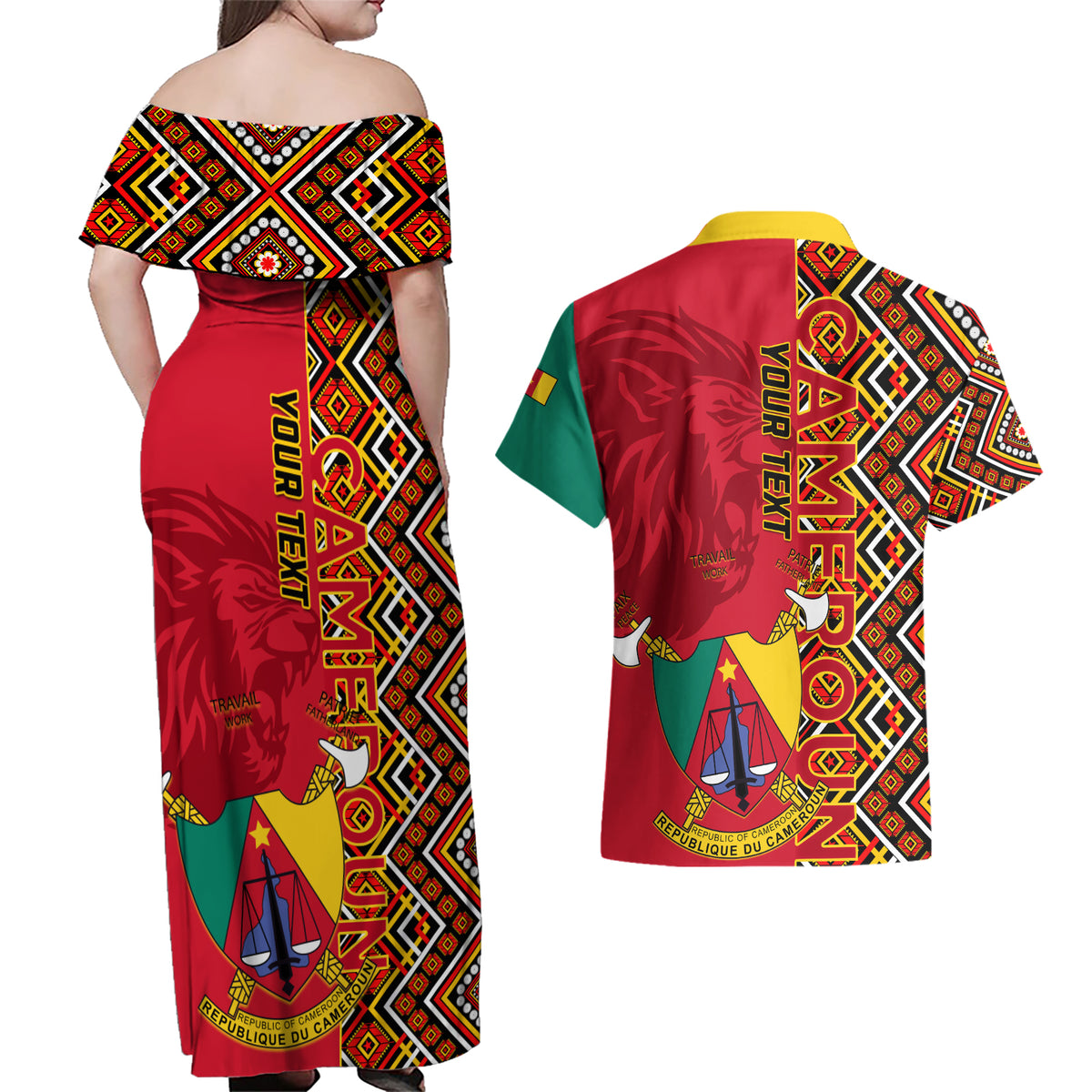 Cameroon National Day Couples Matching Off Shoulder Maxi Dress and Hawaiian Shirt Cameroun Coat Of Arms Ankara Pattern - Wonder Print Shop