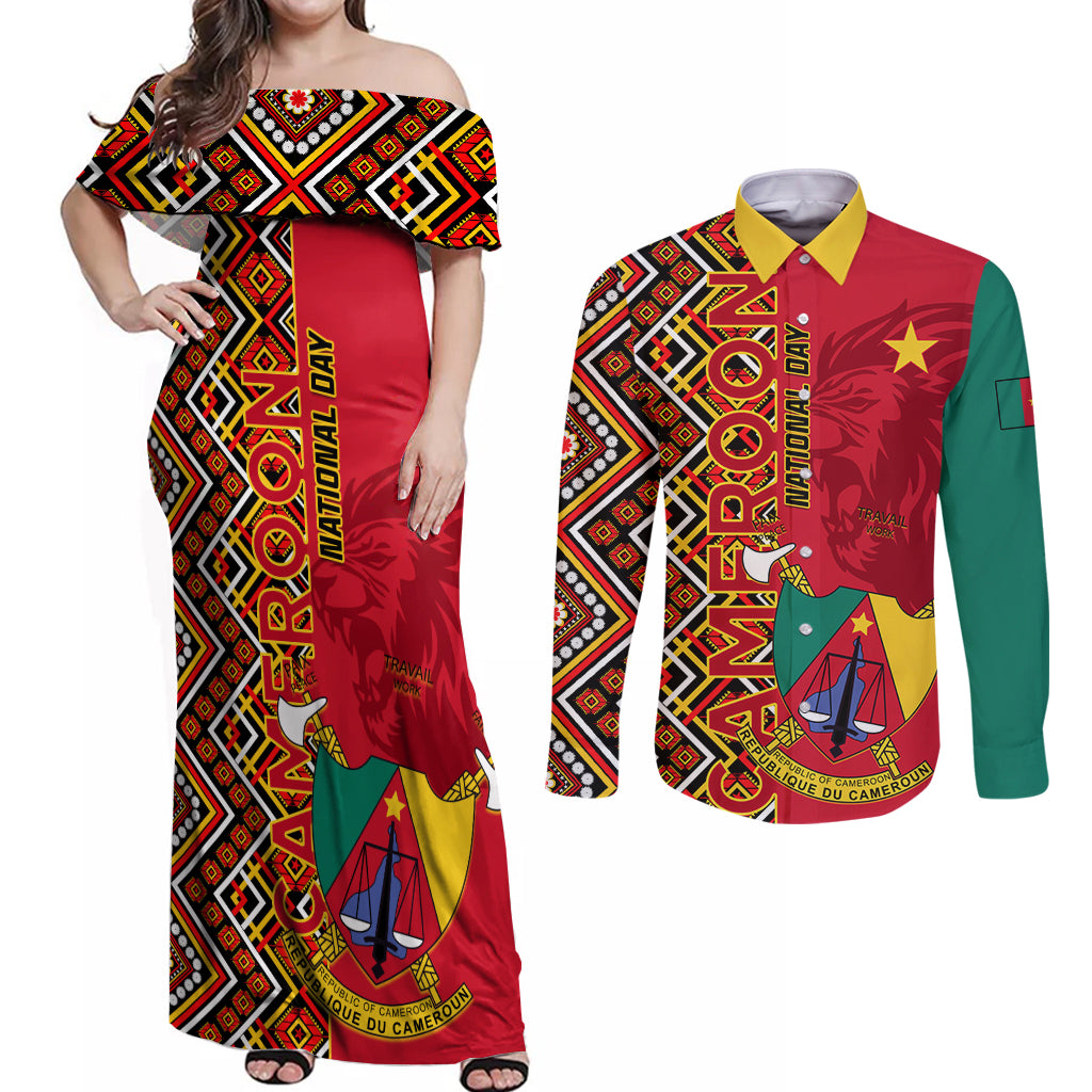 Cameroon National Day Couples Matching Off Shoulder Maxi Dress and Long Sleeve Button Shirt Cameroun Coat Of Arms Ankara Pattern