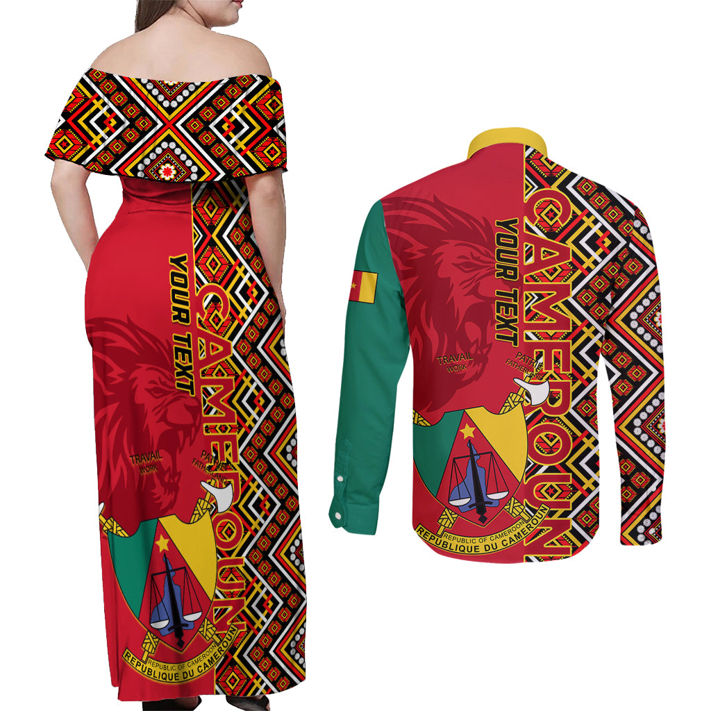 Cameroon National Day Couples Matching Off Shoulder Maxi Dress and Long Sleeve Button Shirt Cameroun Coat Of Arms Ankara Pattern - Wonder Print Shop