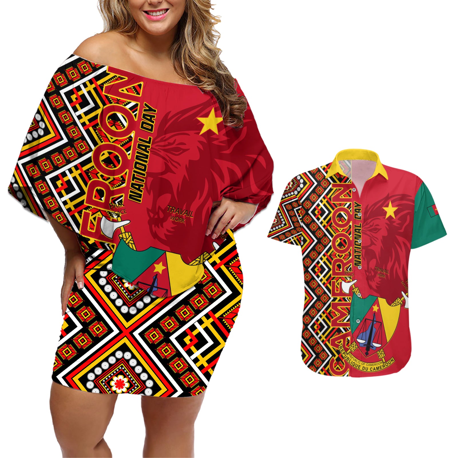 Cameroon National Day Couples Matching Off Shoulder Short Dress and Hawaiian Shirt Cameroun Coat Of Arms Ankara Pattern - Wonder Print Shop