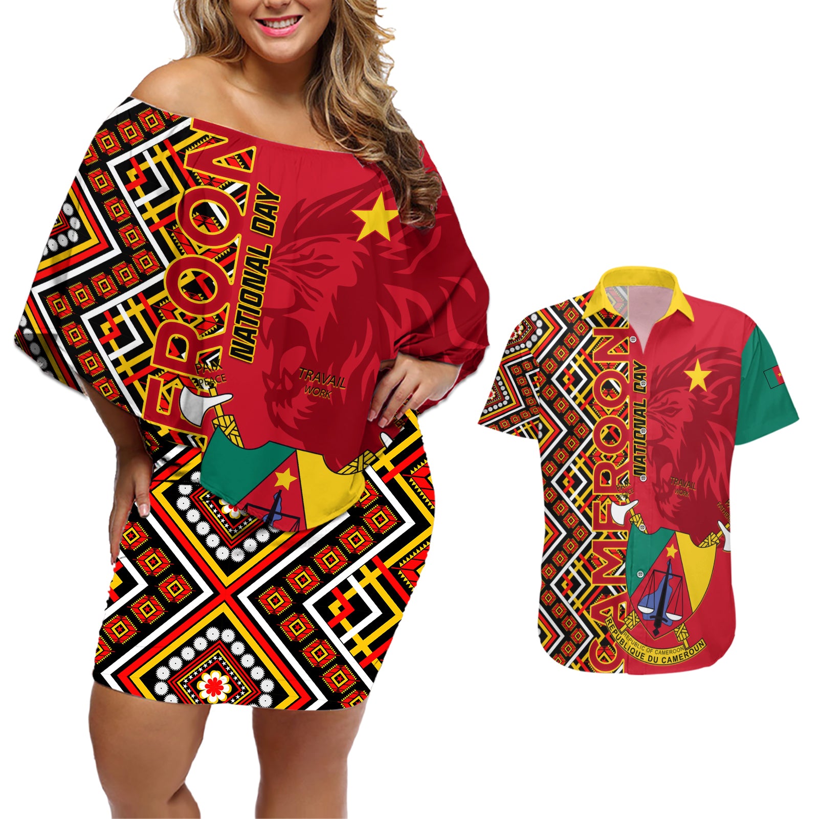 Cameroon National Day Couples Matching Off Shoulder Short Dress and Hawaiian Shirt Cameroun Coat Of Arms Ankara Pattern