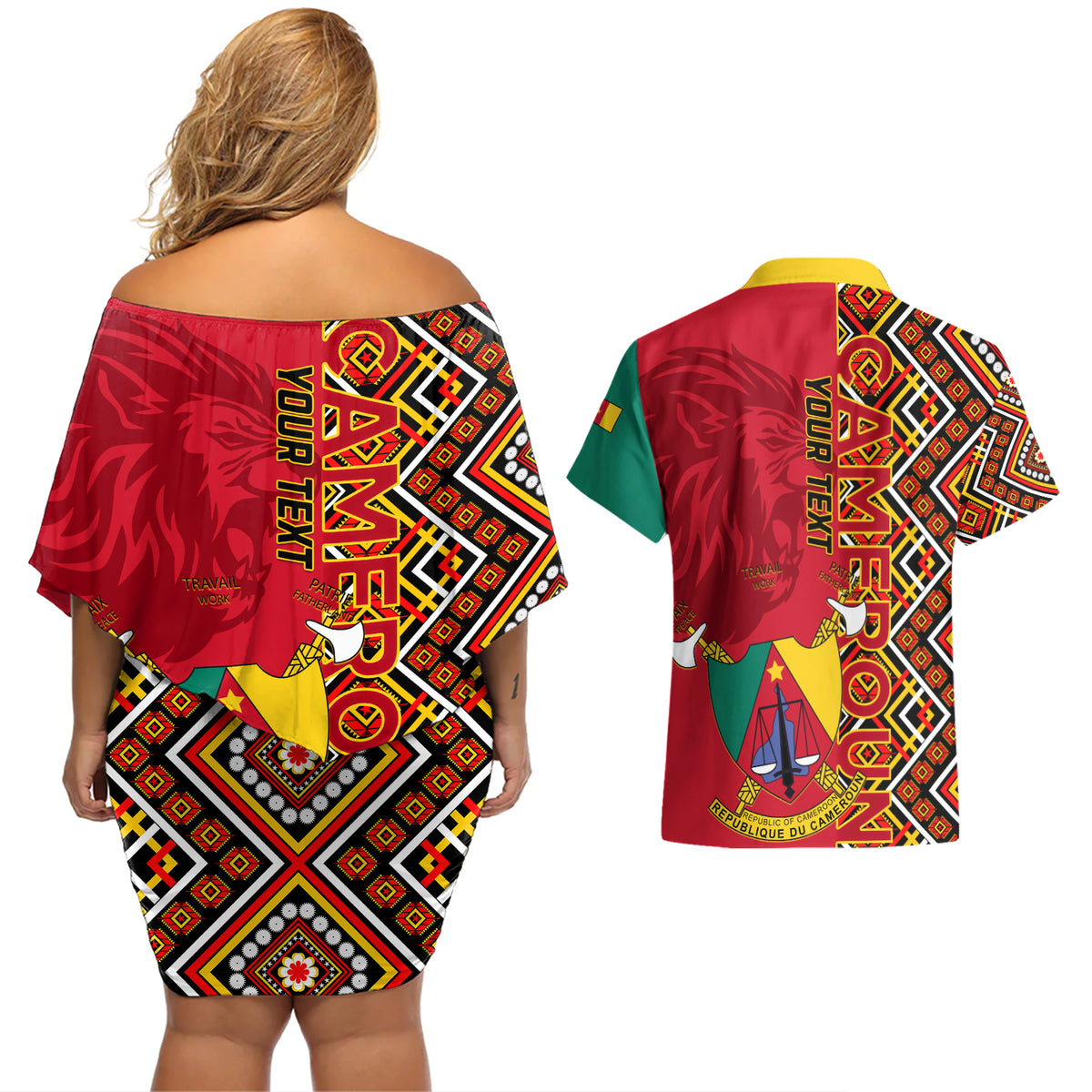 Cameroon National Day Couples Matching Off Shoulder Short Dress and Hawaiian Shirt Cameroun Coat Of Arms Ankara Pattern - Wonder Print Shop