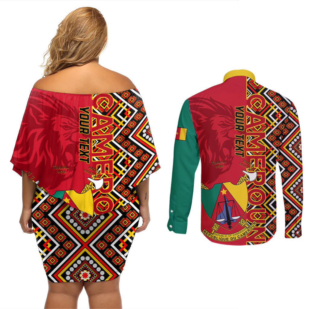 Cameroon National Day Couples Matching Off Shoulder Short Dress and Long Sleeve Button Shirt Cameroun Coat Of Arms Ankara Pattern - Wonder Print Shop