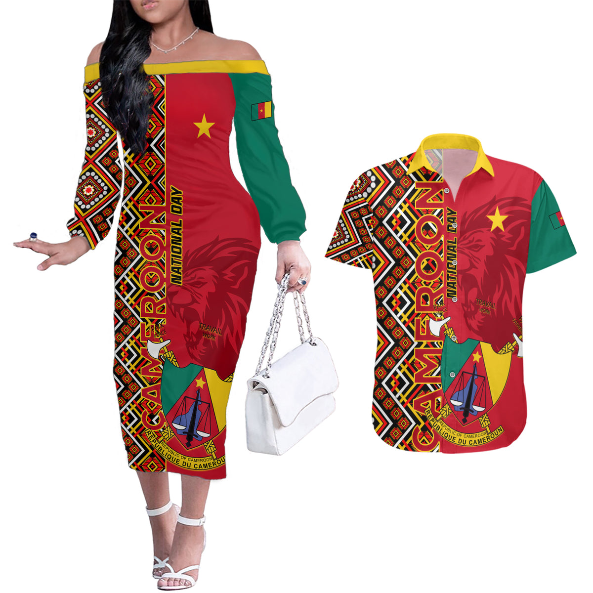 Cameroon National Day Couples Matching Off The Shoulder Long Sleeve Dress and Hawaiian Shirt Cameroun Coat Of Arms Ankara Pattern - Wonder Print Shop
