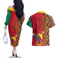 Cameroon National Day Couples Matching Off The Shoulder Long Sleeve Dress and Hawaiian Shirt Cameroun Coat Of Arms Ankara Pattern - Wonder Print Shop