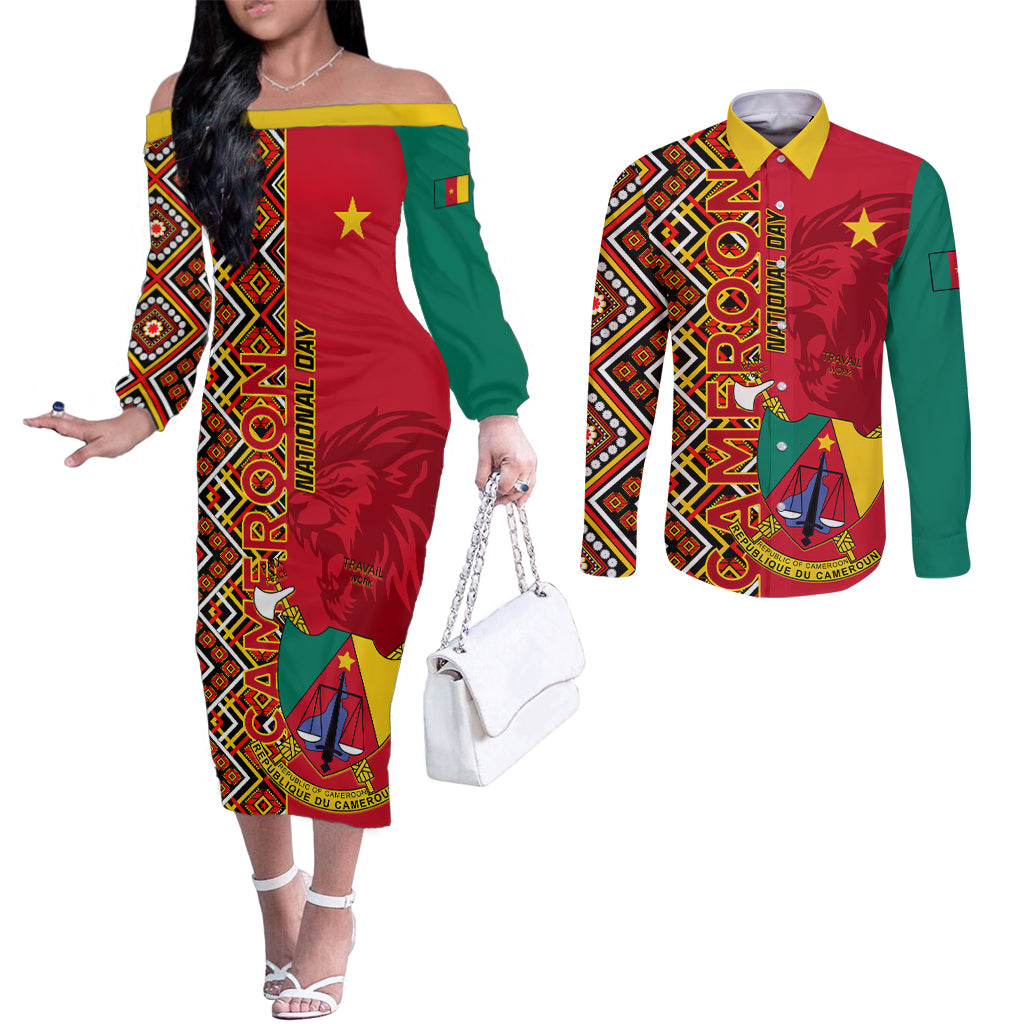 Cameroon National Day Couples Matching Off The Shoulder Long Sleeve Dress and Long Sleeve Button Shirt Cameroun Coat Of Arms Ankara Pattern