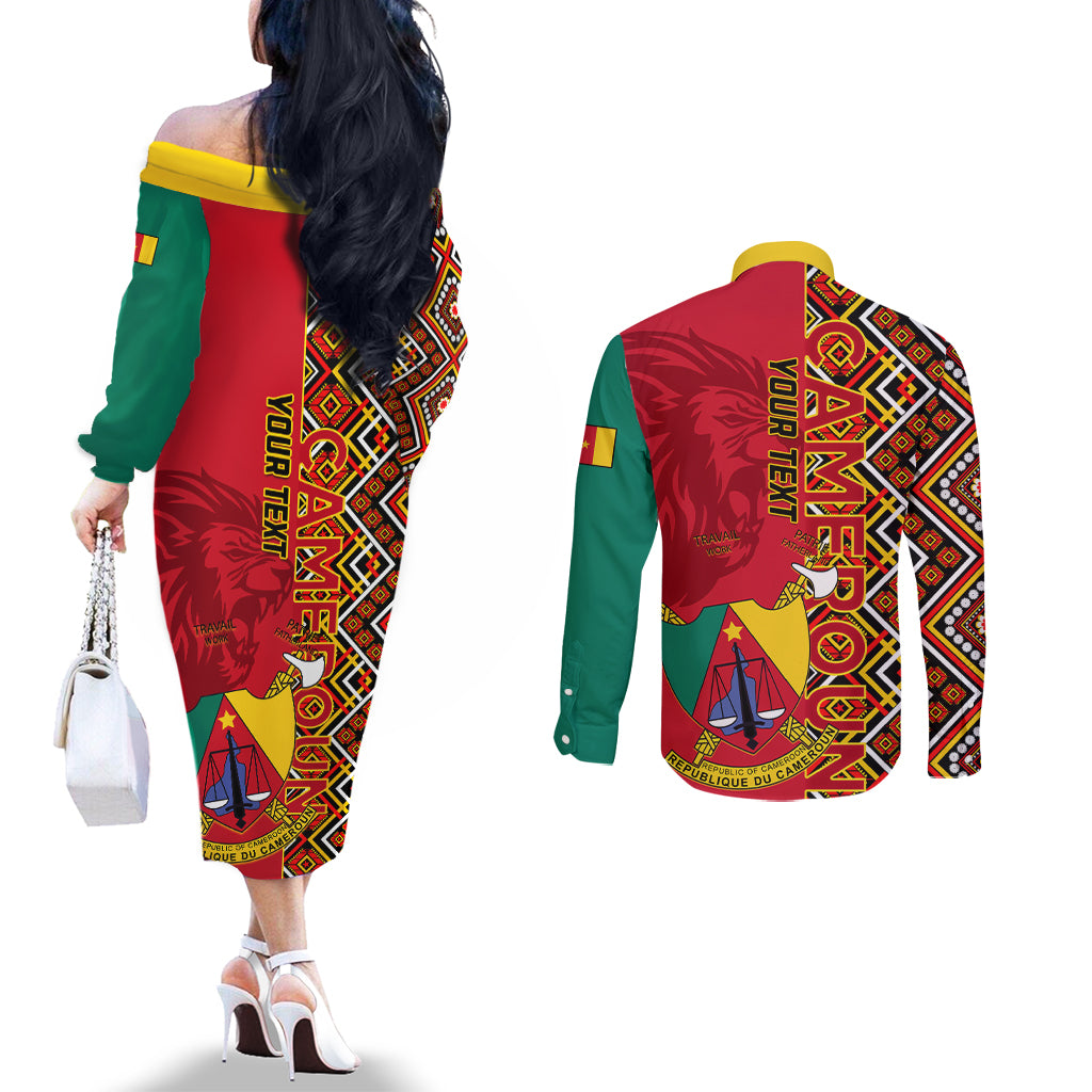 Cameroon National Day Couples Matching Off The Shoulder Long Sleeve Dress and Long Sleeve Button Shirt Cameroun Coat Of Arms Ankara Pattern