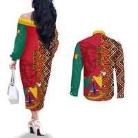 Cameroon National Day Couples Matching Off The Shoulder Long Sleeve Dress and Long Sleeve Button Shirt Cameroun Coat Of Arms Ankara Pattern