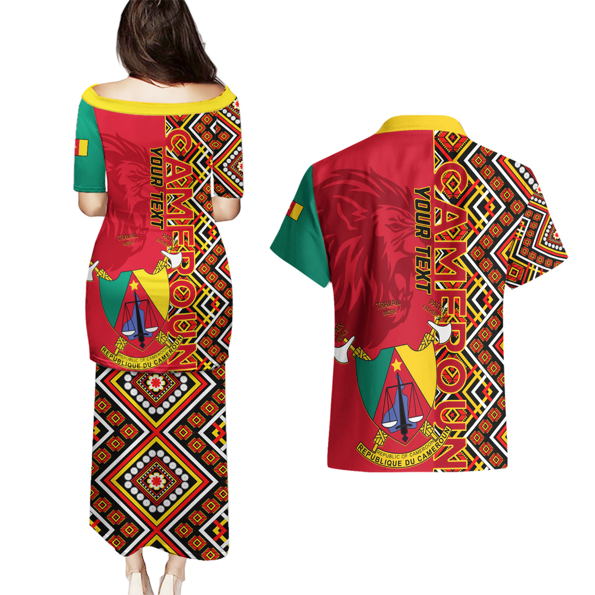 Cameroon National Day Couples Matching Puletasi and Hawaiian Shirt Cameroun Coat Of Arms Ankara Pattern - Wonder Print Shop