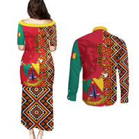 Cameroon National Day Couples Matching Puletasi and Long Sleeve Button Shirt Cameroun Coat Of Arms Ankara Pattern - Wonder Print Shop
