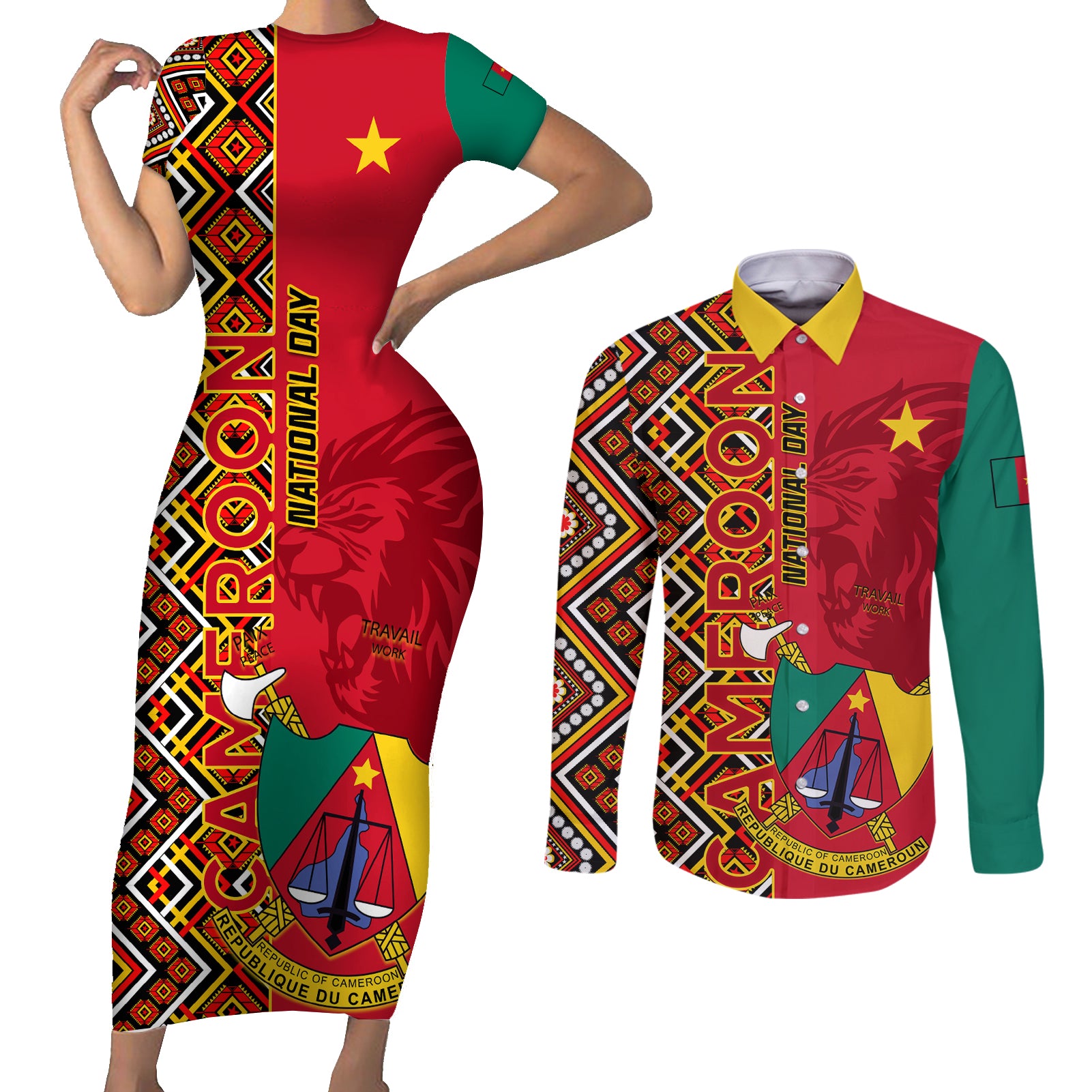 Cameroon National Day Couples Matching Short Sleeve Bodycon Dress and Long Sleeve Button Shirt Cameroun Coat Of Arms Ankara Pattern