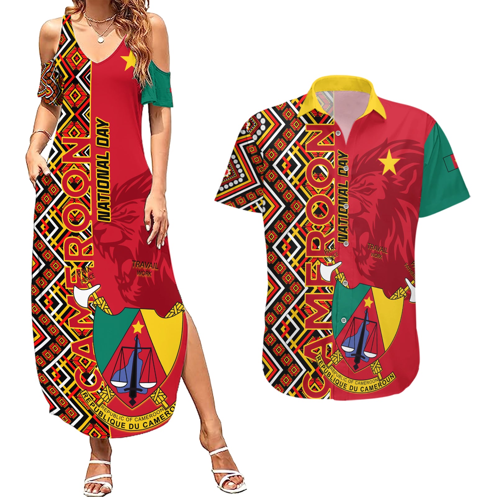 Cameroon National Day Couples Matching Summer Maxi Dress and Hawaiian Shirt Cameroun Coat Of Arms Ankara Pattern