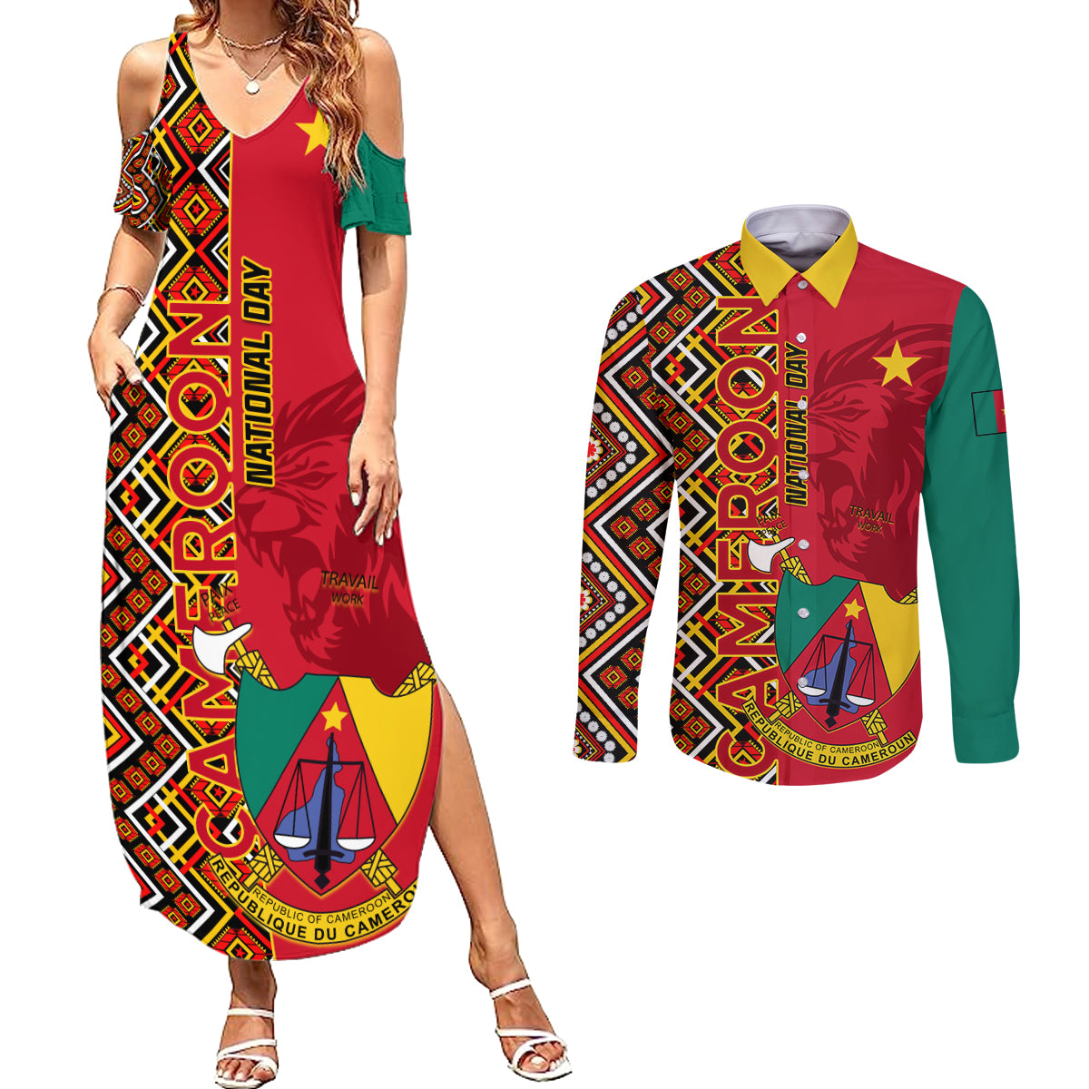 Cameroon National Day Couples Matching Summer Maxi Dress and Long Sleeve Button Shirt Cameroun Coat Of Arms Ankara Pattern