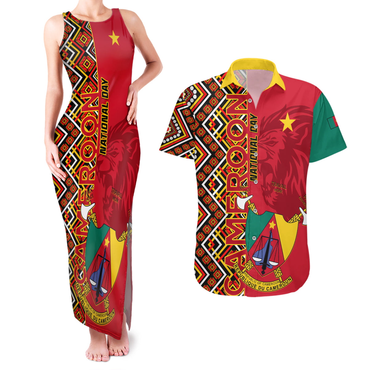 Cameroon National Day Couples Matching Tank Maxi Dress and Hawaiian Shirt Cameroun Coat Of Arms Ankara Pattern - Wonder Print Shop